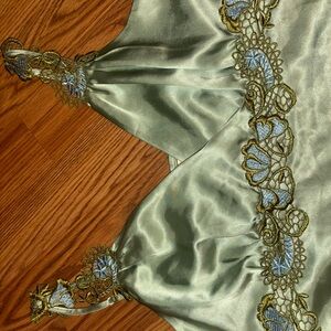 Luxurious Green Satin Chemise with Lace Detail